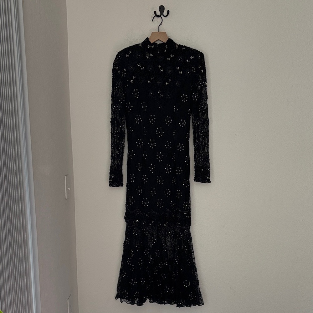 Stunning vintage beaded Judith Ann Creation gown w/ overlay sheer bottom Small